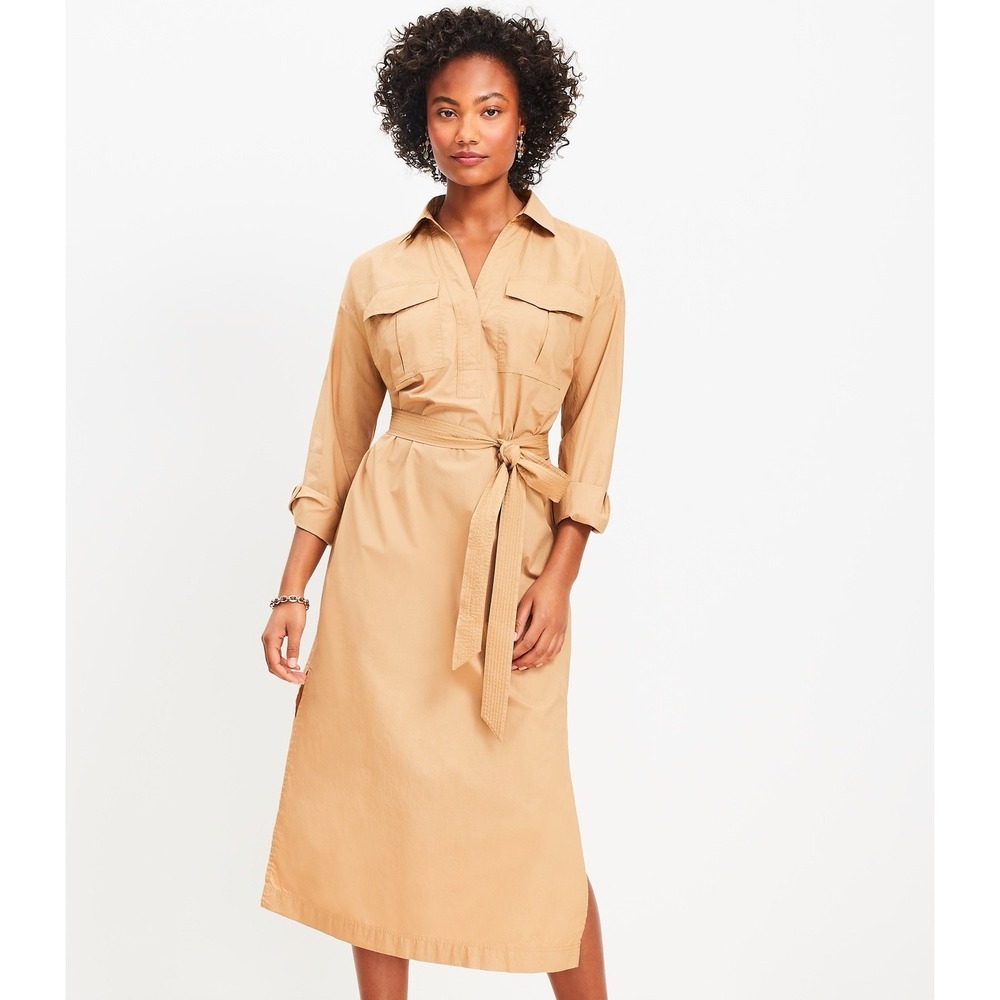 LOFT Belted Pocket Midi Shirtdress Women's Size 12 Camel Cotton Poplin NWOT